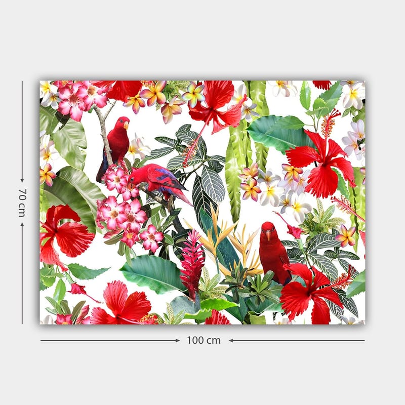 Lærred 70x100 cm - Farverig tropisk flora med røde papegøjer og blomster - Rød / Grøn / Lyserød - Boligtilbehør - Billeder & kunst - Billeder på lærred