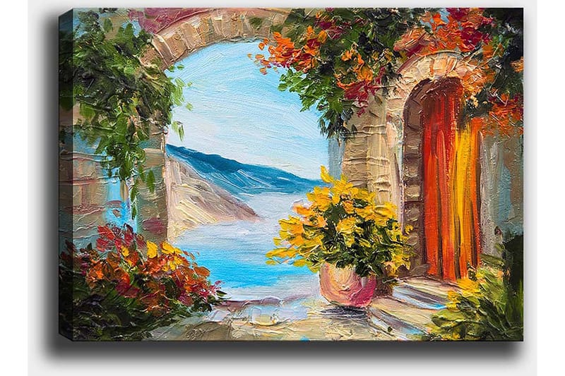 Lærred 70x100 cm - Farverig udsigt gennem en bue med blomster og hav i baggrunden - Blå / Orange / Grøn - Boligtilbehør - Billeder & kunst - Billeder på lærred