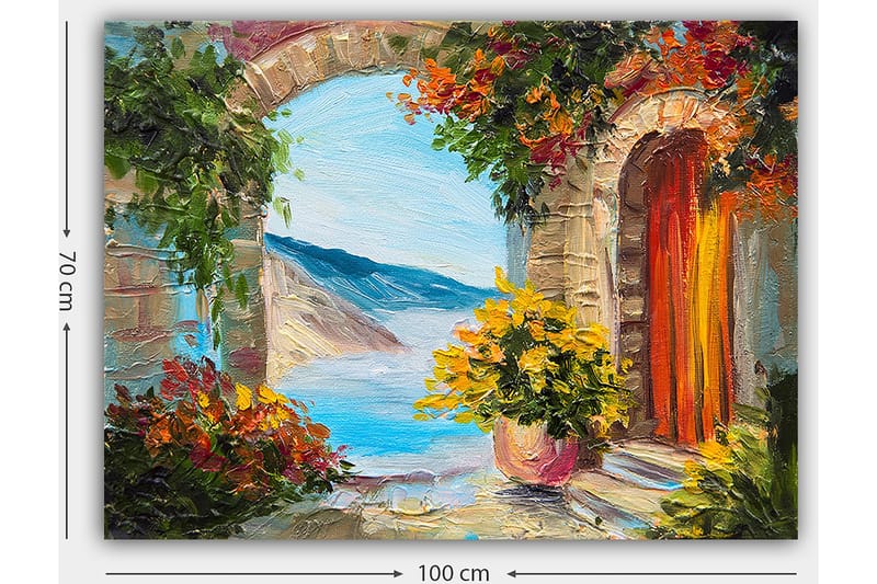 Lærred 70x100 cm - Farverig udsigt gennem en bue med blomster og hav i baggrunden - Blå / Orange / Grøn - Boligtilbehør - Billeder & kunst - Billeder på lærred