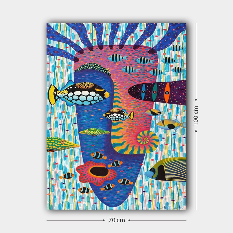 Lærred 70x100 cm - Farverig undervandsscene med forskellige fisk og et ansigtsmotiv i baggrunden - Blå / Lyserød / Gul - Boligtilbehør - Billeder & kunst - Billeder på lærred