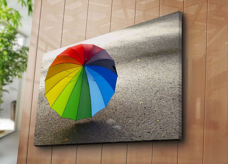 Lærred 70x100 cm - Farverig paraply stående på en grå overflade - Rød / Grøn / Blå - Boligtilbehør - Billeder & kunst - Billeder på lærred