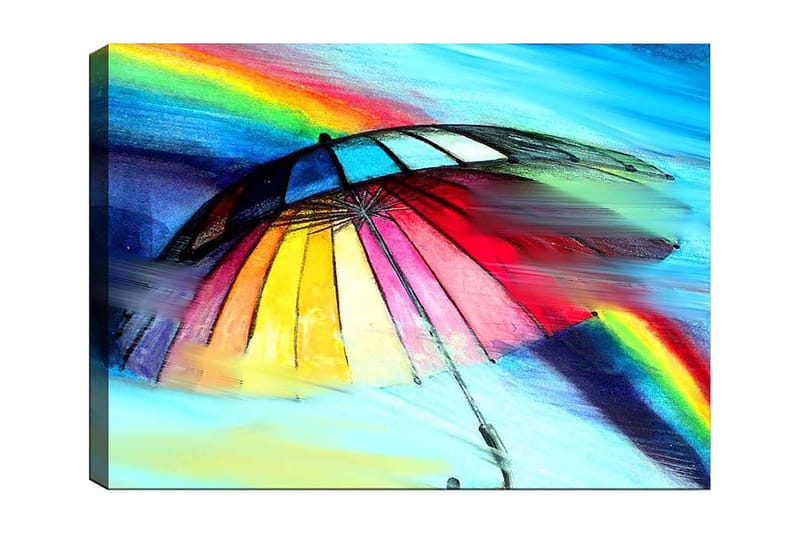 Lærred 70x100 cm - Farverig paraply med regnbue i baggrunden, Rød / Gul / Blå