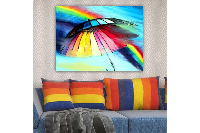 Lærred 70x100 cm - Farverig paraply med regnbue i baggrunden - Rød / Gul / Blå - Boligtilbehør - Billeder & kunst - Billeder på lærred