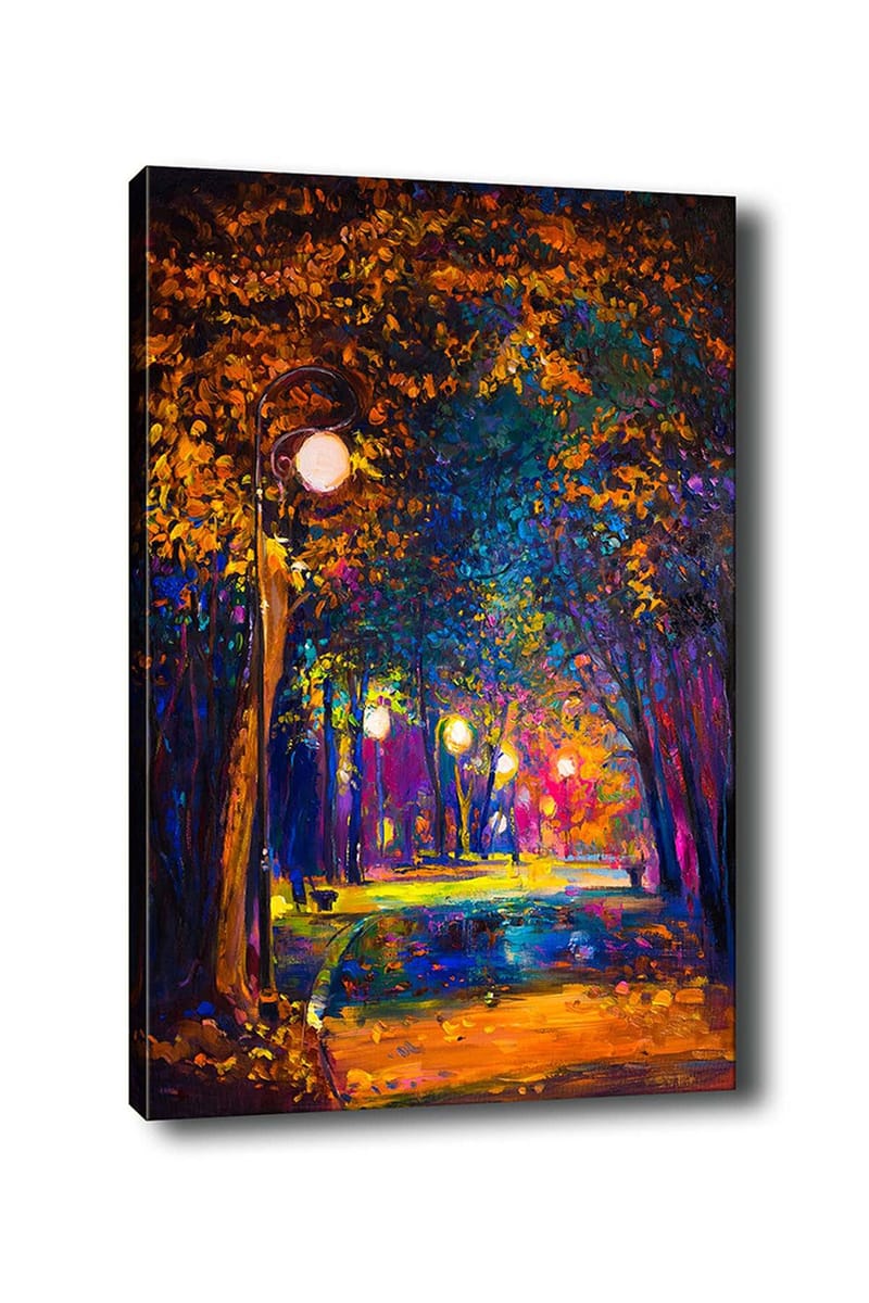 Lærred 70x100 cm - Farverig park med gadelamper, der oplyser en gangsti omgivet af træer i efterårsfarver, Mørkeblå / Orange / Lilla