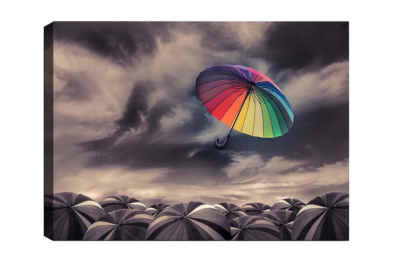 Lærred 70x100 cm - Farverig paraply svæver over en samling grå paraplyer under en dramatisk overskyet himmel, Regnbuefarver / Grå