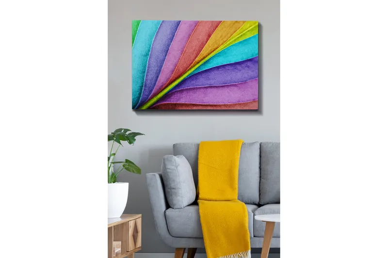 Lærred 70x100 cm - Farverige, bølgende blade i forskellige nuancer, der skaber en dynamisk og levende komposition, Turkis / Lilla / Grøn