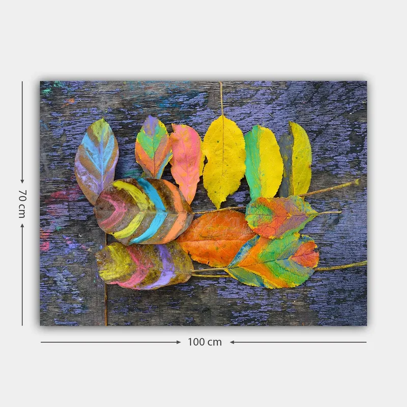 Lærred 70x100 cm - Farverige blade arrangeret på en mørk baggrund - Gul / Orange / Grøn - Boligtilbehør - Billeder & kunst - Billeder på lærred