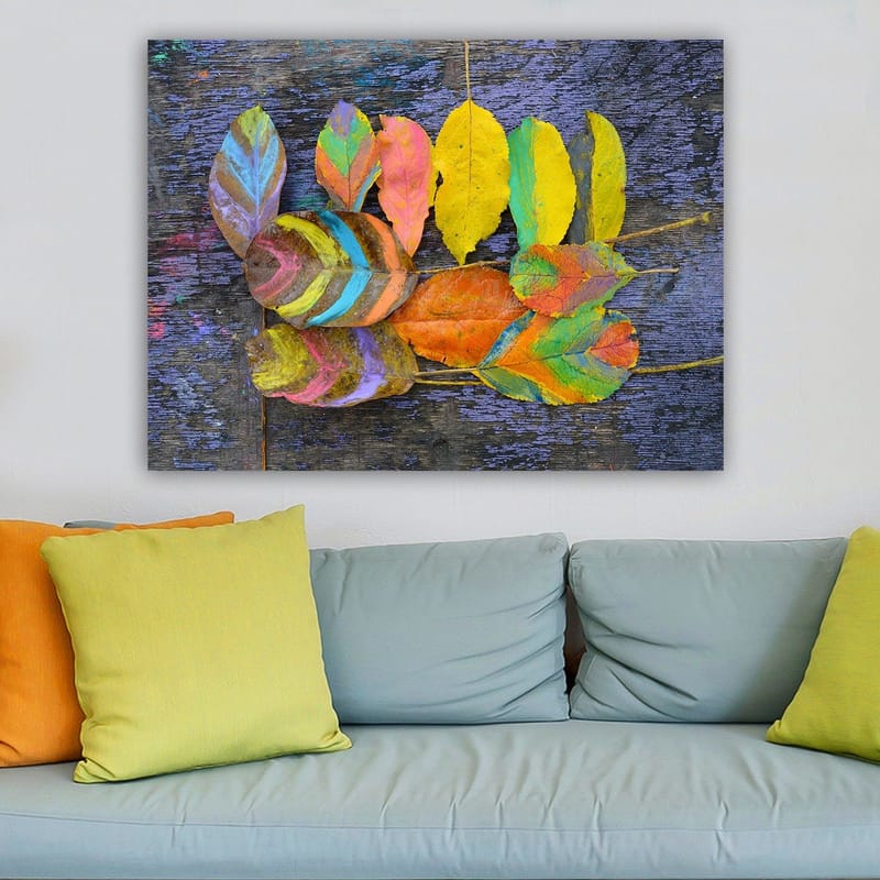 Lærred 70x100 cm - Farverige blade arrangeret på en mørk baggrund - Gul / Orange / Grøn - Boligtilbehør - Billeder & kunst - Billeder på lærred