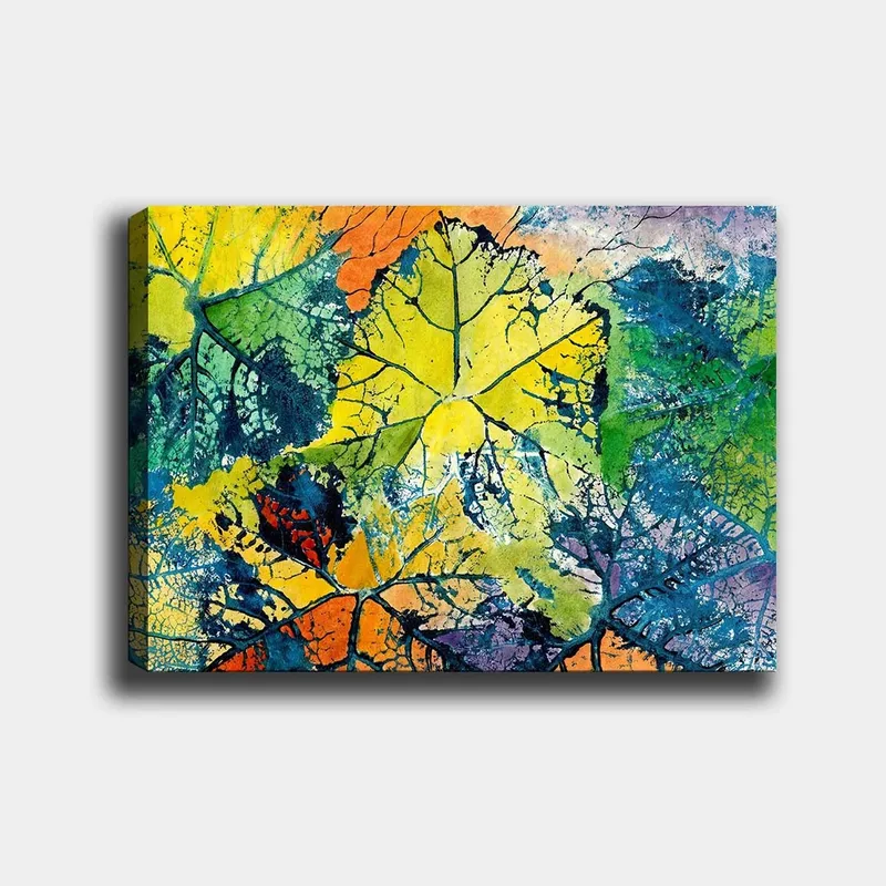 Lærred 70x100 cm - Farverige blade i forskellige nuancer, der skaber en levende og abstrakt komposition, Gul / Grøn / Orange