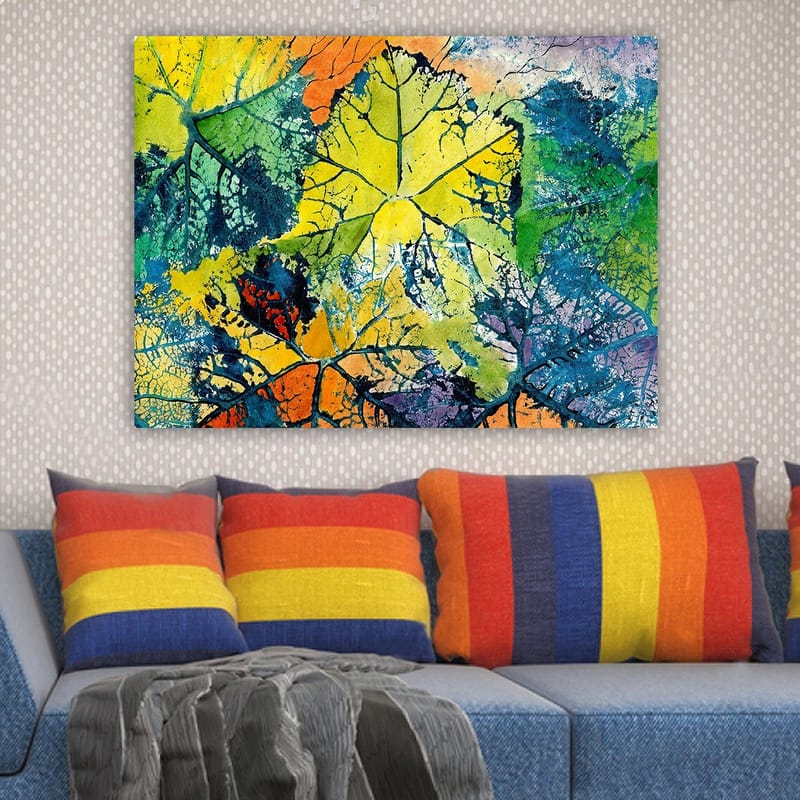 Lærred 70x100 cm - Farverige blade i forskellige nuancer, der skaber en levende og abstrakt komposition - Gul / Grøn / Orange - Boligtilbehør - Billeder & kunst - Billeder på lærred