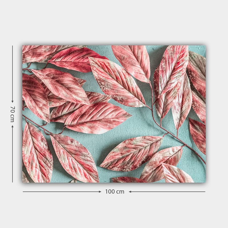 Lærred 70x100 cm - Farverige blade i lyserøde og røde nuancer mod en lyseblå baggrund - Lyserød / Lyseblå - Boligtilbehør - Billeder & kunst - Billeder på lærred