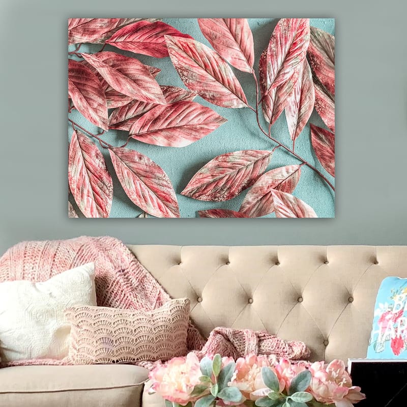 Lærred 70x100 cm - Farverige blade i lyserøde og røde nuancer mod en lyseblå baggrund - Lyserød / Lyseblå - Boligtilbehør - Billeder & kunst - Billeder på lærred