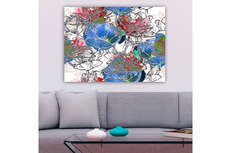 Lærred 70x100 cm - Farverige blomster i en livlig komposition - Blå / Rød / Grøn - Boligtilbehør - Billeder & kunst - Billeder på lærred