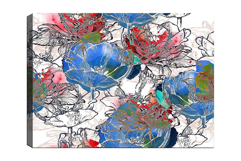 Lærred 70x100 cm - Farverige blomster i en livlig komposition, Blå / Rød / Grøn