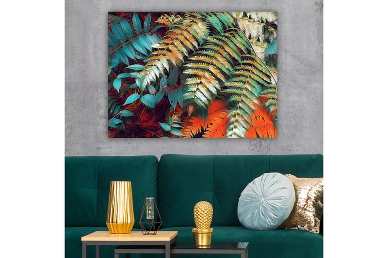 Lærred 70x100 cm - Farverige bregneblade i en livlig komposition - Turkis / Grøn / Orange - Boligtilbehør - Billeder & kunst - Billeder på lærred