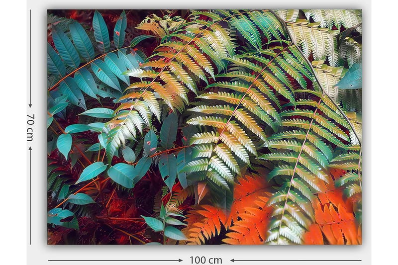 Lærred 70x100 cm - Farverige bregneblade i en livlig komposition - Turkis / Grøn / Orange - Boligtilbehør - Billeder & kunst - Billeder på lærred