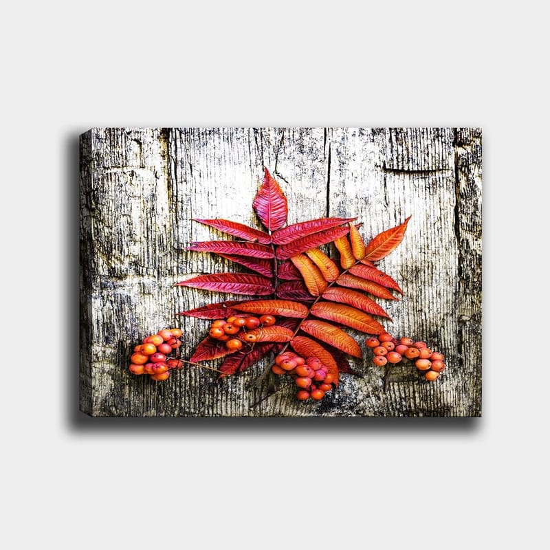 Lærred 70x100 cm - Farverige efterårsblade og bær på en træoverflade, Rød / Orange / Gul