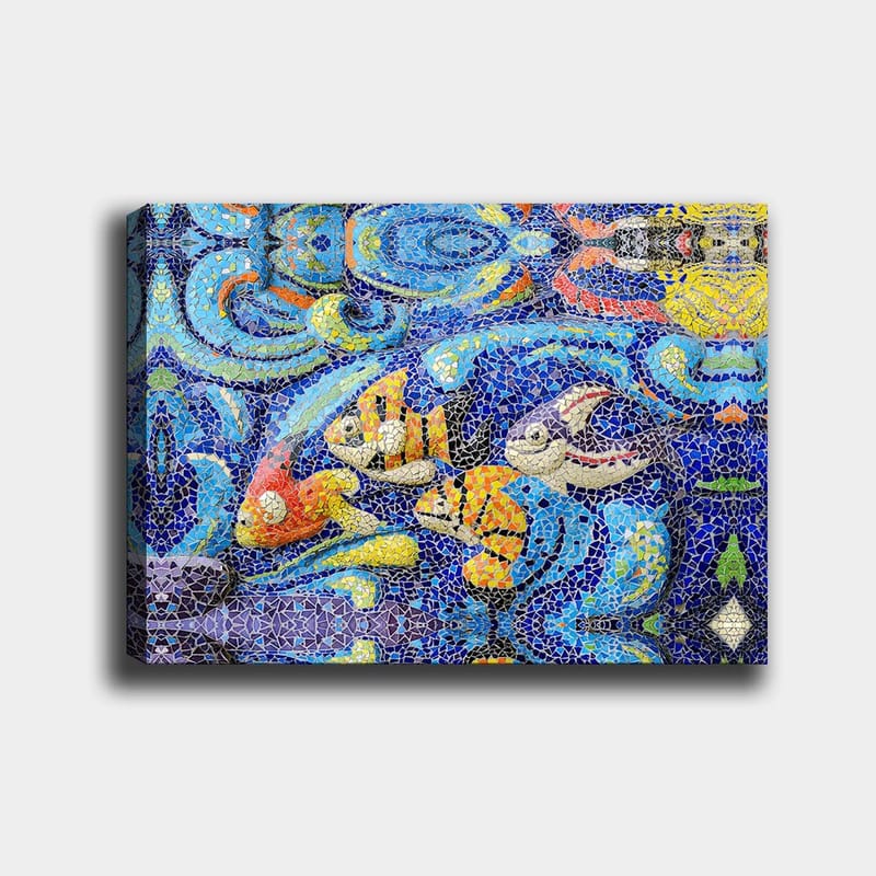 Lærred 70x100 cm - Farverige fisk svømmer i et livligt undervandsmiljø, Blå / Orange / Gul