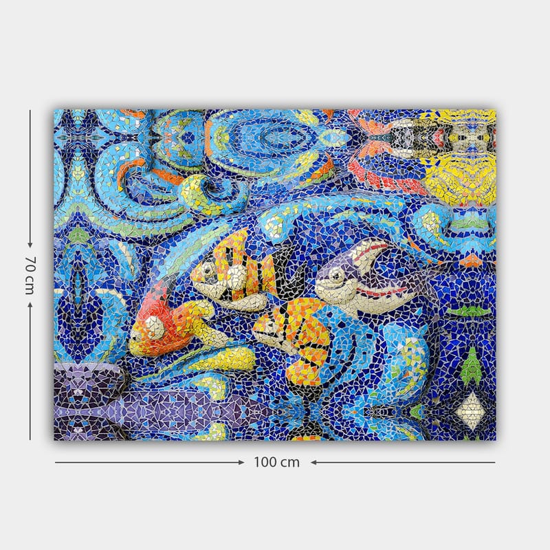 Lærred 70x100 cm - Farverige fisk svømmer i et livligt undervandsmiljø - Blå / Orange / Gul - Boligtilbehør - Billeder & kunst - Billeder på lærred