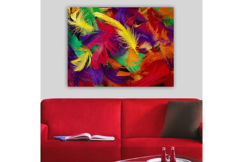Lærred 70x100 cm - Farverige fjer i en livlig komposition - Rød / Gul / Grøn - Boligtilbehør - Billeder & kunst - Billeder på lærred