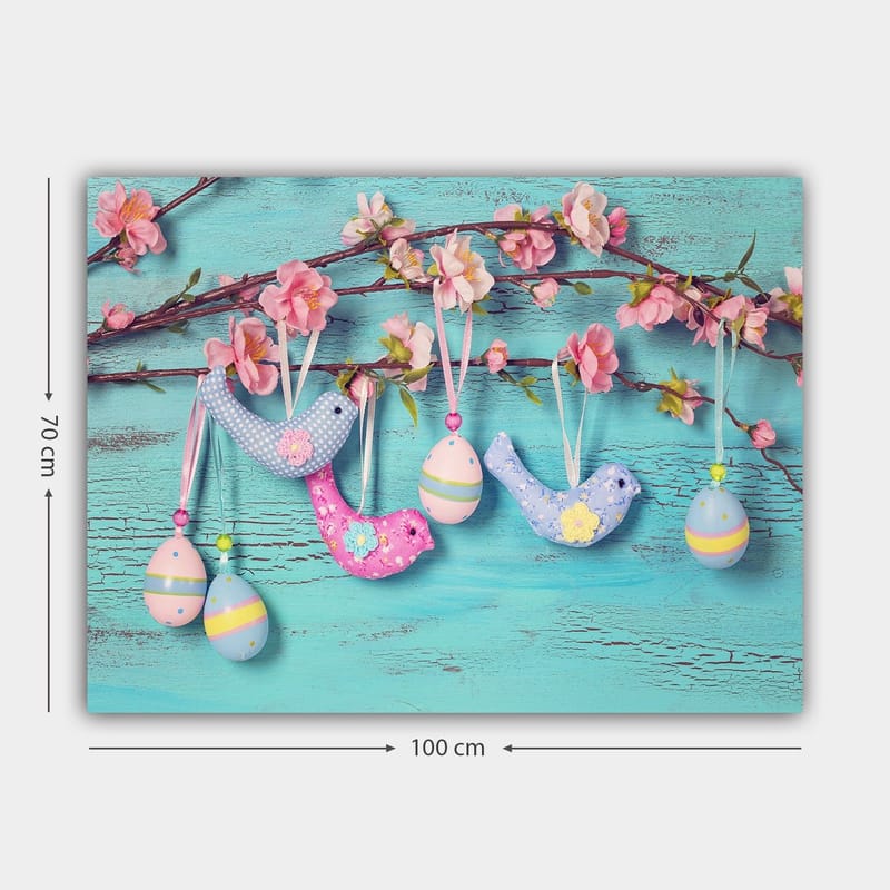 Lærred 70x100 cm - Farverige fugle og æg hængende på en gren med blomster - Blå / Lyserød / Grøn - Boligtilbehør - Billeder & kunst - Billeder på lærred