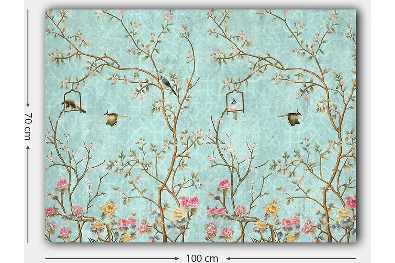 Lærred 70x100 cm - Farverige fugle siddende på grene med blomster mod en lyseblå baggrund - Lyseblå / Pink / Brun - Boligtilbehør - Billeder & kunst - Billeder på lærred