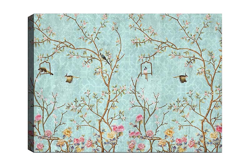 Lærred 70x100 cm - Farverige fugle siddende på grene med blomster mod en lyseblå baggrund, Lyseblå / Pink / Brun