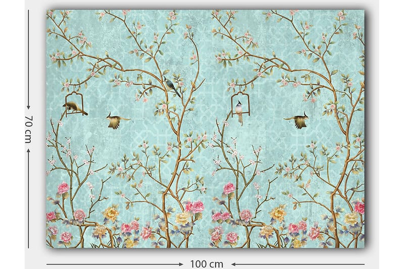 Lærred 70x100 cm - Farverige fugle siddende på grene med blomster mod en lyseblå baggrund - Lyseblå / Pink / Brun - Boligtilbehør - Billeder & kunst - Billeder på lærred