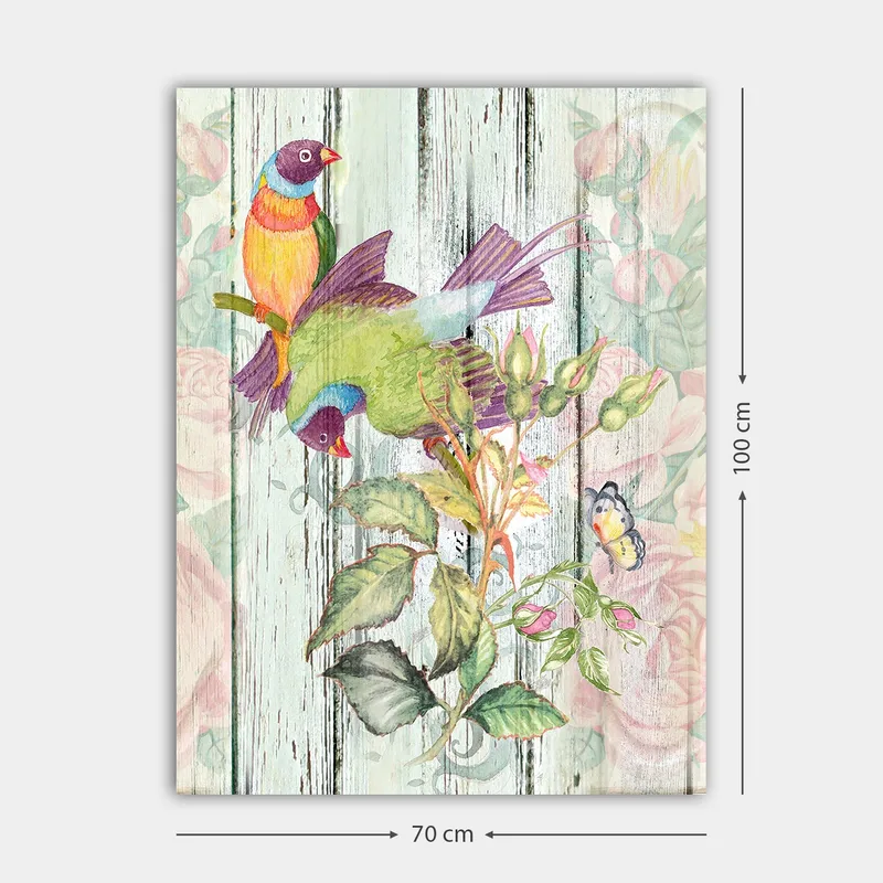 Lærred 70x100 cm - Farverige fugle sidder på en blomstrende gren - Grøn / Blå / Orange - Boligtilbehør - Billeder & kunst - Billeder på lærred
