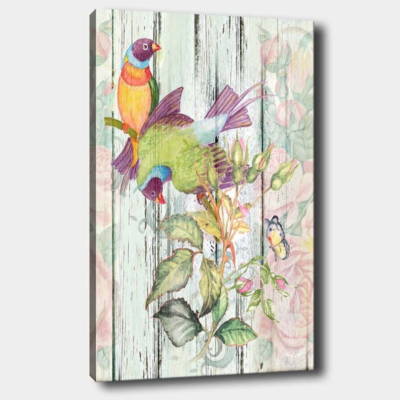 Lærred 70x100 cm - Farverige fugle sidder på en blomstrende gren, Grøn / Blå / Orange