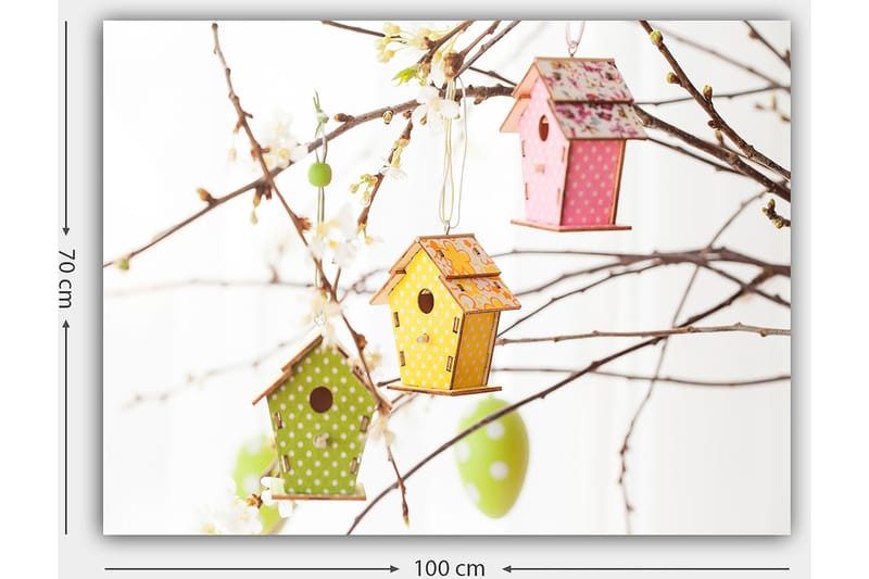 Lærred 70x100 cm - Farverige fuglehuse hængende i grene med blomster - Grøn / Gul / Lyserød - Boligtilbehør - Billeder & kunst - Billeder på lærred