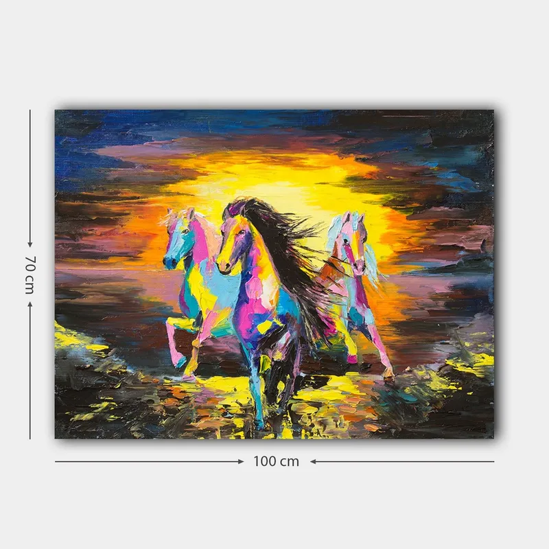 Lærred 70x100 cm - Farverige heste galoperer mod en lys baggrund - Lyserød / Gul / Blå - Boligtilbehør - Billeder & kunst - Billeder på lærred