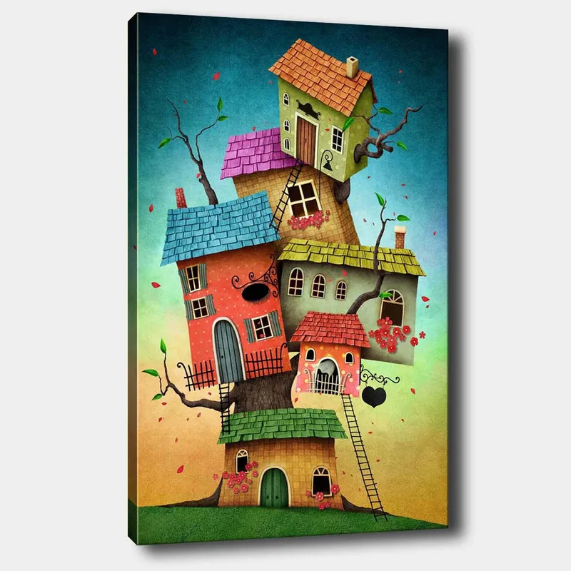 Lærred 70x100 cm - Farverige huse, der vokser ud af et træ i en fantasifuld og legende komposition, Rød / Grøn / Blå