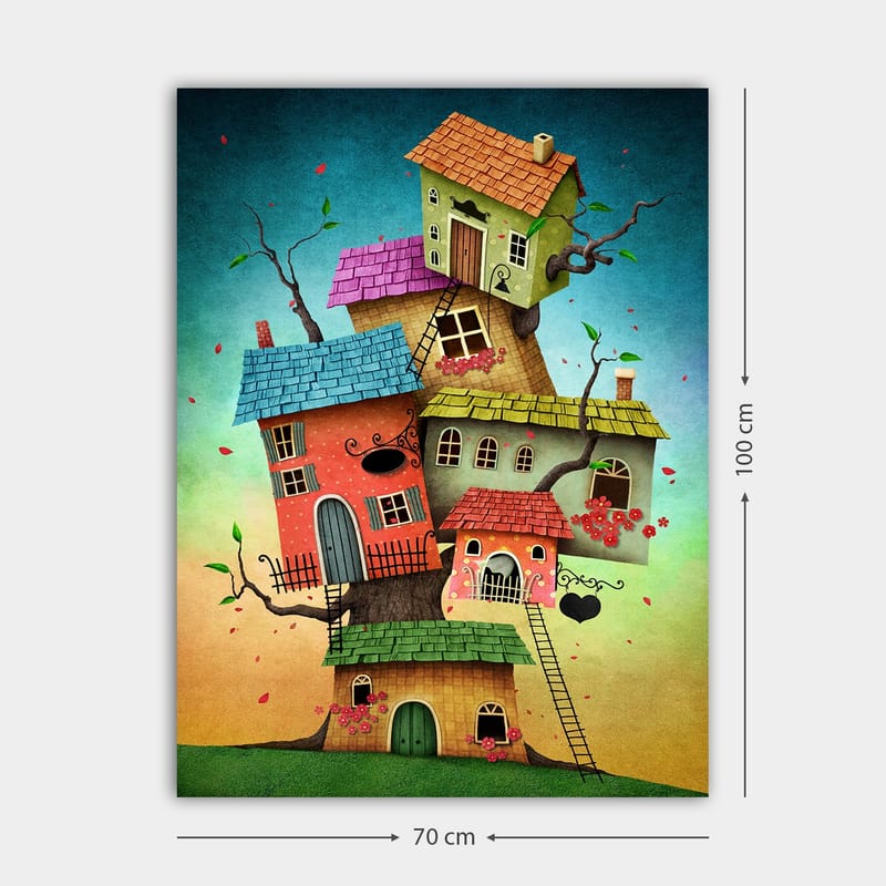 Lærred 70x100 cm - Farverige huse, der vokser ud af et træ i en fantasifuld og legende komposition - Rød / Grøn / Blå - Boligtilbehør - Billeder & kunst - Billeder på lærred
