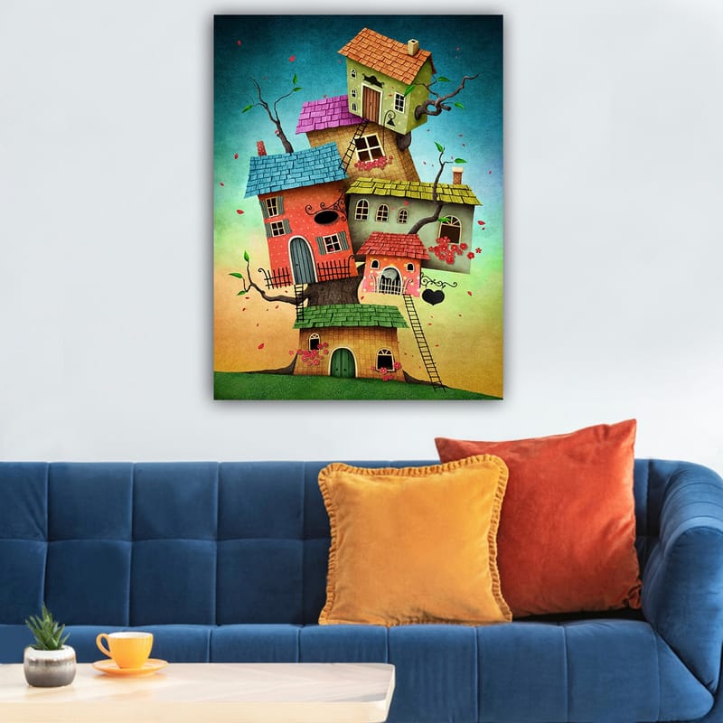 Lærred 70x100 cm - Farverige huse, der vokser ud af et træ i en fantasifuld og legende komposition - Rød / Grøn / Blå - Boligtilbehør - Billeder & kunst - Billeder på lærred