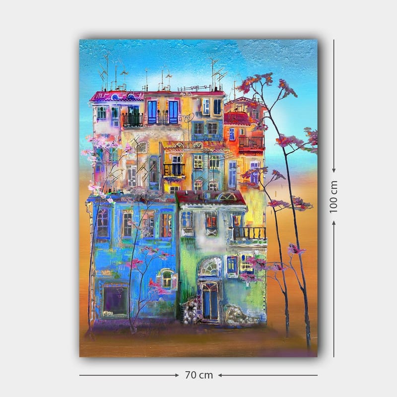 Lærred 70x100 cm - Farverige huse i et bymiljø med blomstrende træer i forgrunden - Blå / Grøn / Orange - Boligtilbehør - Billeder & kunst - Billeder på lærred