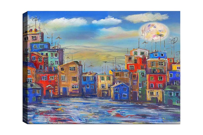 Lærred 70x100 cm - Farverige huse i et bymiljø under en klar himmel med en stor måne, Blå / Rød / Gul