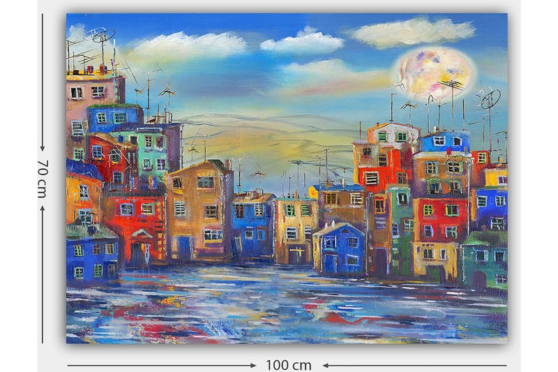 Lærred 70x100 cm - Farverige huse i et bymiljø under en klar himmel med en stor måne - Blå / Rød / Gul - Boligtilbehør - Billeder & kunst - Billeder på lærred