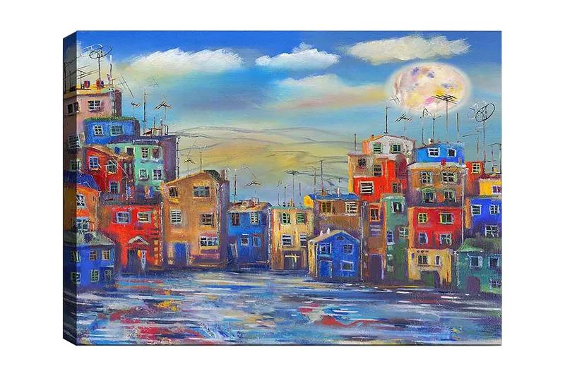 Lærred 70x100 cm - Farverige huse i et bymiljø under en klar himmel med en stor måne, Blå / Rød / Gul