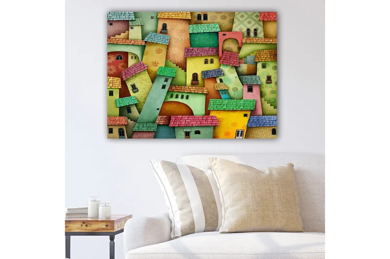 Lærred 70x100 cm - Farverige huse i et fantasifuldt bybillede, Grøn / Gul / Rød