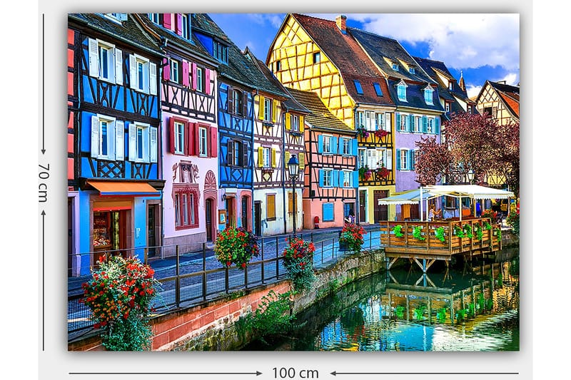 Lærred 70x100 cm - Farverige huse langs en kanal i maleriske byomgivelser - Blå / Lyserød / Gul - Boligtilbehør - Billeder & kunst - Billeder på lærred