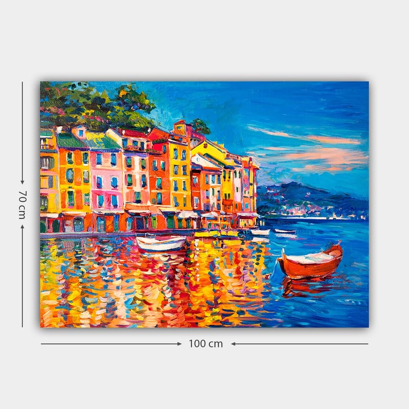 Lærred 70x100 cm - Farverige huse ved en havn med både spejlet i vandet - Blå / Orange / Gul - Boligtilbehør - Billeder & kunst - Billeder på lærred