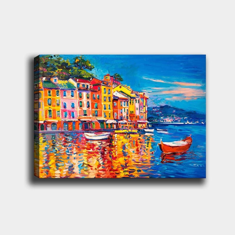 Lærred 70x100 cm - Farverige huse ved en havn med både spejlet i vandet, Blå / Orange / Gul