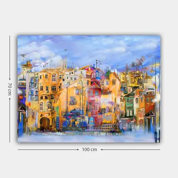 Lærred 70x100 cm - Farverige huse ved vandkanten i et livligt bymiljø - Gul / Rød / Blå - Boligtilbehør - Billeder & kunst - Billeder på lærred