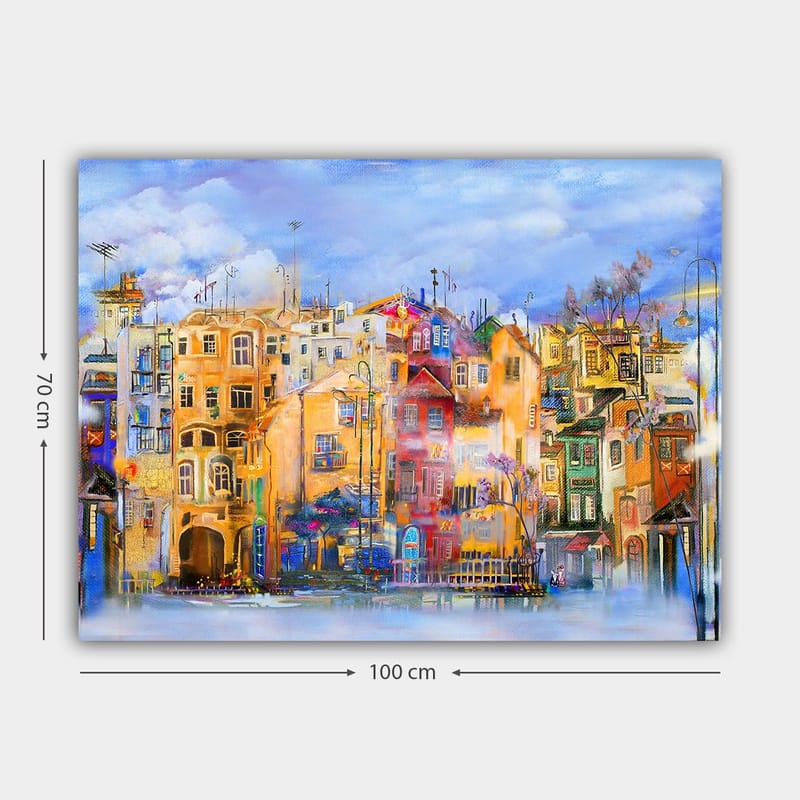 Lærred 70x100 cm - Farverige huse ved vandkanten i et livligt bymiljø - Gul / Rød / Blå - Boligtilbehør - Billeder & kunst - Billeder på lærred