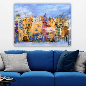 Lærred 70x100 cm - Farverige huse ved vandkanten i et livligt bymiljø - Gul / Rød / Blå - Boligtilbehør - Billeder & kunst - Billeder på lærred