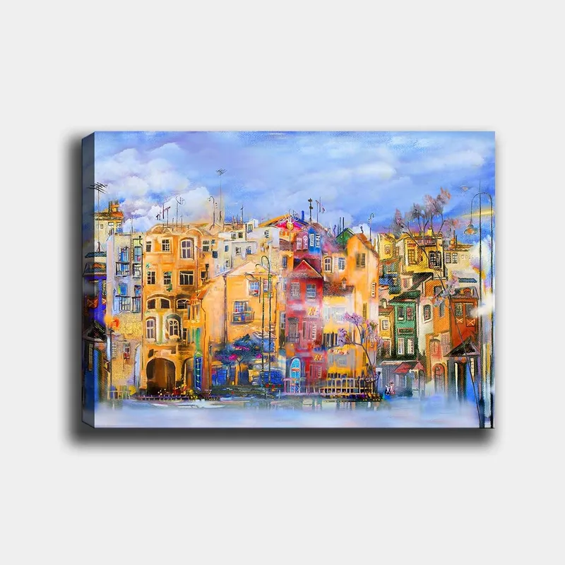 Lærred 70x100 cm - Farverige huse ved vandkanten i et livligt bymiljø, Gul / Rød / Blå