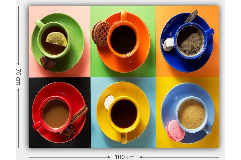 Lærred 70x100 cm - Farverige kaffekopper arrangeret i et ternet mønster med forskellige drikkevarer og tilbehør - Grøn / Rød / Blå - Boligtilbehør - Billeder & kunst - Billeder på lærred