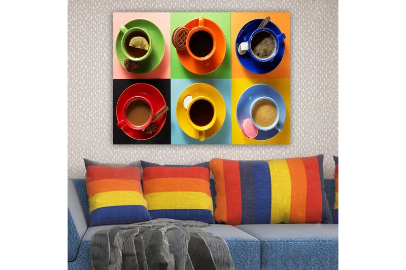 Lærred 70x100 cm - Farverige kaffekopper arrangeret i et ternet mønster med forskellige drikkevarer og tilbehør, Grøn / Rød / Blå