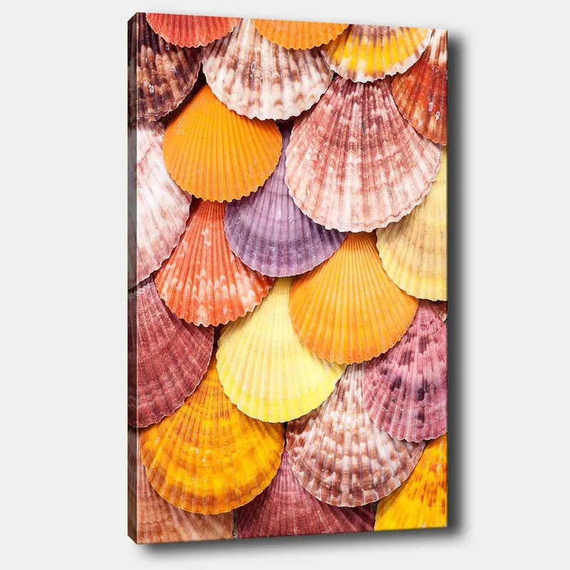 Lærred 70x100 cm - Farverige muslingeskaller i et smukt mønster, Orange / Lilla / Lyserød
